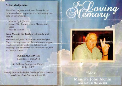 Pamphlet courtesty of Gordon Weaver - April 2020 Maurice John ALCHIN AKA Moss