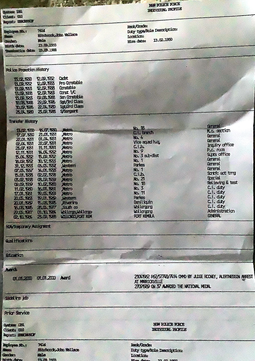 John Wallace HITCHCOCK AKA Hitchy - NSWPF - Service History