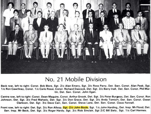 21 Special Squad - 1979. Back Row, Left to Right: Const Bob BLORE, Sgt 2/c Alan EMERY, Sgt 3/c Ross PARRY, Det SenCon Alam PEEK, Sgt 1/c Ron CATHRAY, Cst 1/c Carlo ROSSI, Cst Richard DASCZYK, Det Sgt 3/c Barry INALL, Det SenCon Phil MARTIN, Det SenCon John EGAN.Centre Row, Left to right: Cst Dean MAGUIRE, Cst Arthur SNOOK, Det Sgt 3/c Peter BURGESS, Det SenCon Ron JOHNSSON, Det Sgt 3/c Fred MAHADY, Det Sgt 3/c Don GRACE, Det Sgt 3/c Andy TOMICH, Det SenCon Owen CLARKSON, Det Sgt 3/c Dave CARR, SenCon Steve LANE, Det SenCon Dave FENNELL.Front Row, Left to Right: Det Sgt 2/c Ron ALLSOP, Sgt 2.c John BOYLE, Sgt 1.c John HARDING, Det Insp Mr FLOOD, Det Sen Insp Mr BECK, Det Sgt 3/c Roger HARDY, Sgt 3/c Rick SINCLAIR, Sgt 2/c Bill SIELY, Sgt 1/c Carl HERMES.NSW DETECTIVE BICENTENTIAL BOOK