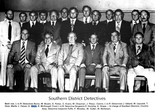 Centenery of Detectives - NSW SOUTHERN DISTRICT DETECTIVES Back row L to R: Detectives BURNS, M. BRYANT, G. PARKER, C. EVANS, M. CHAPMAN, J. PENYU. Centre L to R: Detectives J. EDLUND, W. LAYCOCK, T. GORE, WARFE, L. FALSON, G. WEBB, R. McDOUGALL Front L to R: Detectiv Sergeants R. HOCKING, G. SNAPE, - In Charge of Southern Districts, Country Area, Detective Inspector Fyfie, P. MOSELEY, W. CULLEN. D. NICHOLSON. CENTENARY OF DETECTIVES BOOK