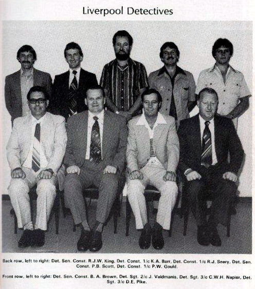 Back row, left to right: Det. SenCon RJW King, Det Cst 1/c K.A. Barr, Det Cst 1/c R J Seery, Det SenCon P.B. Scott, Det Cst 1/c P.W. Gould Front row. Det SenCon B.A. Brown, Det Sgt 2/c J. Waldmanis, Det Sgt 3/c C.W.H. Napier, Det Sgt 3/c D.E. Pike