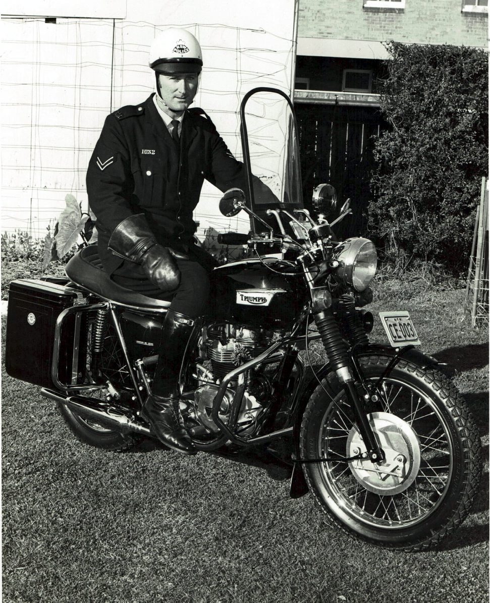 Robert William ALLGOOD, Bob ALLGOOD. NSWPF Triumph motor cycle - NSW Rego CE-003 ridden by SenCon Bob ALLGOOD. Photo taken at Redfern Academy - Monday 26 June 1967.