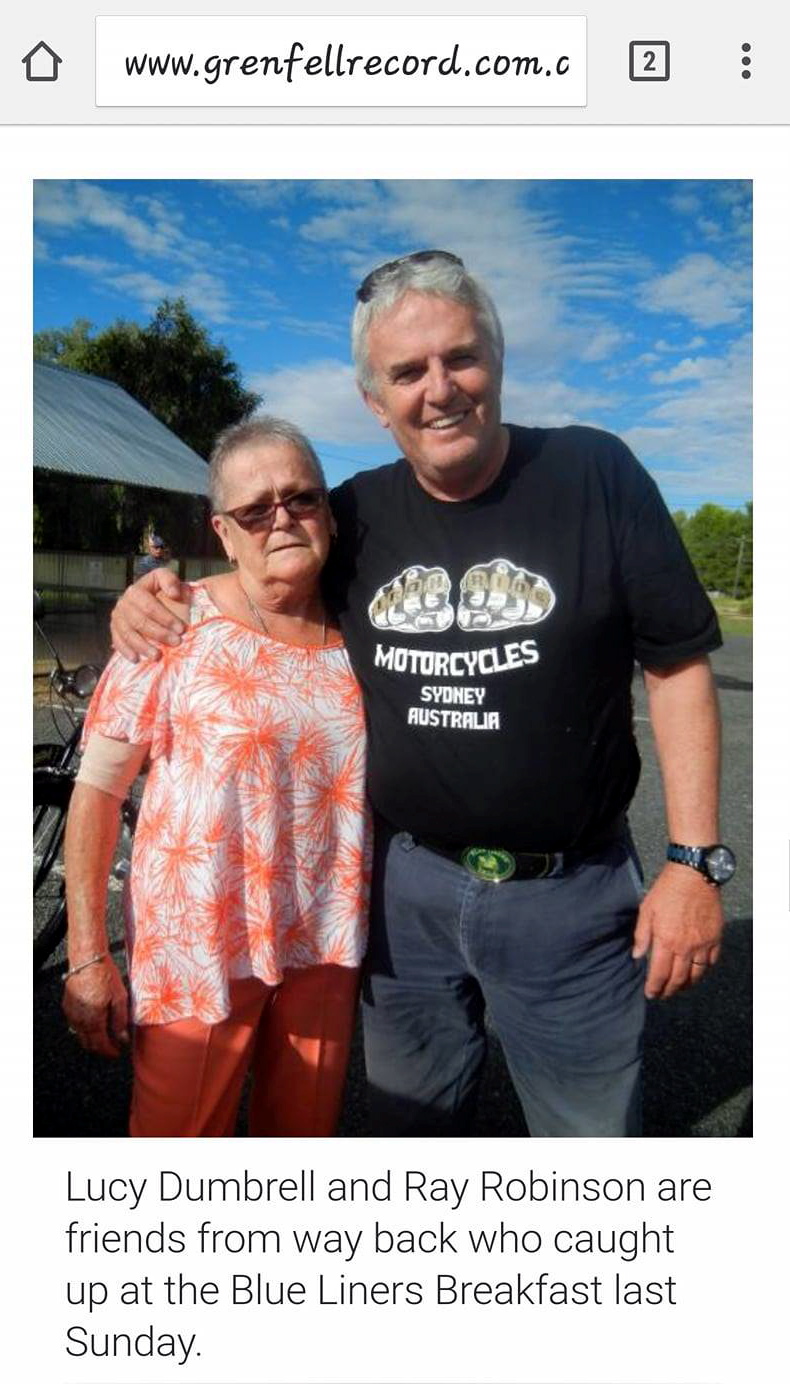 Raymond Charles ROBINSON, Ray ROBBO, Ray ROBINSON. Lucy Dumbrell and Ray Robinson are friends from way back who caught up at the Blue Liners Breakfast last Sunday 19 March 2017.