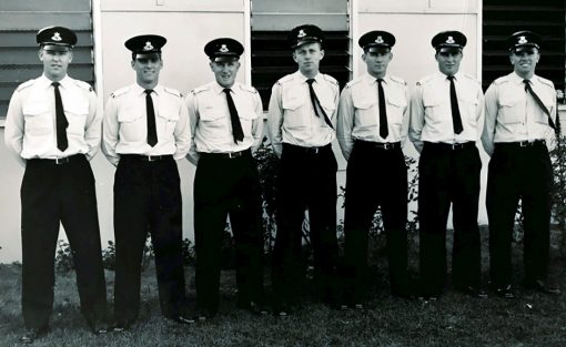 Photo from Mick Stephens #10026 More guys from class 87A 29 May, 1961: Harvey Juergens 10018, Doug Philp 10041, Les Wyatt 10039, Peter (Bob) Drooger 10019, Mike Stephens 10026, Ian McPHEE 10009, Terry Lester 10049.