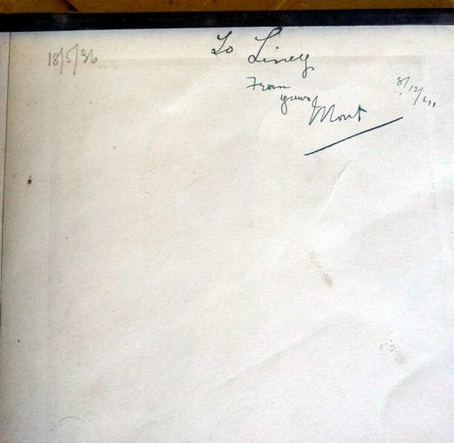 18/5/36 ( 1936 )<br /> To Liney<br /> From yours<br /> Mort ( or Mont )<br /> 8/12/?11<br /> Dalmar Studio, Crows Nest ( NSW )