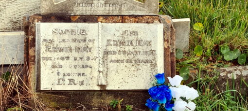 Edwin Erskine MAY - Grave. INSCRIPTION:<br /> SOPHIE<br /> Beloved Wife of Edwin May<br /> Died ?6th July 1927<br /> Aged 66 years 9? Months<br /> At Rest<br /> Also<br /> Edwin MAY<br /> Died 5th Jan. 1935<br /> Aged 82 years<br />