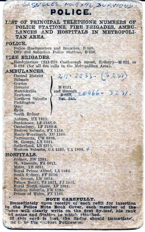 Rex Arthur CASSILLES, Rex CASSILLES, Police Notebook list of Stations and phone numbers