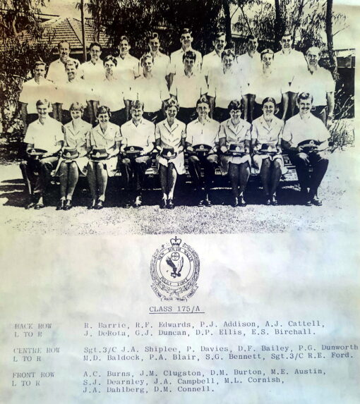 Redfern Police Academy Class 175 - Sub Class A Back Row L to R: R. BARRIE # 19933, R.F. EDWARDS, P.J. ADDISON # 19914, A.J. CATTELL # 20205, J. DeROTA # 19902, G.J. DUNCAN # 19913, D.P. ELLIS # 19906, E.S. BIRCHALL # 19917 Centre Row L to R: Sgt 3/c J.A. SHIPLEE # 11230, P. DAVIES # 19919, D.F. BAILEY # 19916, P.G. DUNWORTH # 19937, M.D. BALDOCK # 20162, P.A. BLAIR # 19942, S.G. BENNETT # 19934, Sgt 3/c R.E. FORD # 10076 Front Row L to R: A.C. BURNS # 19904, J.M. CLUGSTON # 19895, Donna M. BURTON ( Donna McMAHON / Donna Thompson ) # 19929 , M.E. AUSTIN # 19908, S.J. DEARNLEY # 19945, J.A. CAMPBELL # 19903, M.L. CORNISH # 19898, J.A. DAHLBERG, D.M. CONNELL # 19891