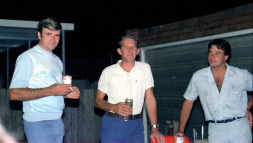 Senior Constable Errol Casey, Sgt Darryl Blanch & Constable Col Pateman. Fairfield Police - New Years Eve party 1980 - 1981.