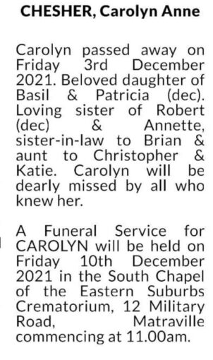 Carolyn Anne CHESHER, Carol CHESHER,