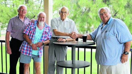Norm Cook, John Stringer and Linden Byrne (right) wish Harry Coggan a very happy 90th birthday. 0116harry