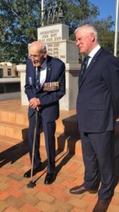 Mayor Phyllis Miller and Deputy Prime Minister Michael McCormack presented Harry Coggan with a special commemorative medallion for his service in World War 2. Photo supplied.