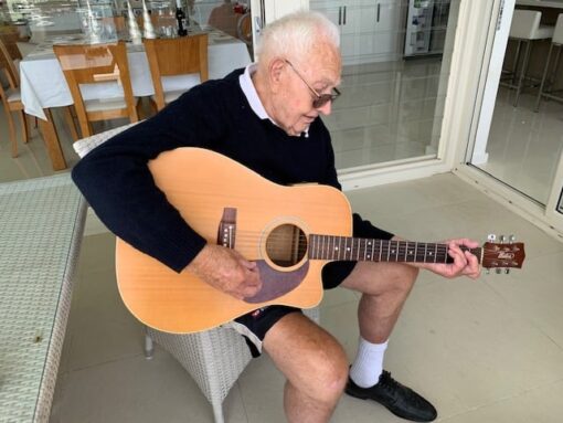 Photos from his son - Greg Tuchin Wally TUCHIN on his 97th birthday, playing guitar on 11 December 2020