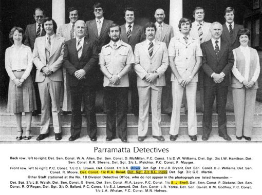 PARRAMATTA DETECTIVES Back Row ( L - R ) W.A. ALLEN # 14367, D. McMILLAN, D.W. WILLIAMS # 14959, I.W. HAMILTON # 10159, K.R. SHEENS # 11044, L. MELCHIOR # 9268, P. MAYGER # 17359 Front Row ( L - R ) C.E. BROWN # P/W 0205, B.K. DRIVER # 14681, J.R. BRYANT # 6835, B.J. WILLIAMS # 12935, R. MOORE, R.A. BROAD # 15359, Barry L. INGLIS # 8179, Gwen E. MARTIN # P/W 0041