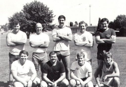 Queanbeyan Police Touch Footy Back Row ( L-R ) Peter ROWLAND, John DAGWELL, ?, Dave KANE, Mark FRANCISCO Front Row ( L-R ) ?, Doug WILLIAMS, David RICHES, Tom KNIGHT ( Son of Prosecutor - Mick KNIGHT )