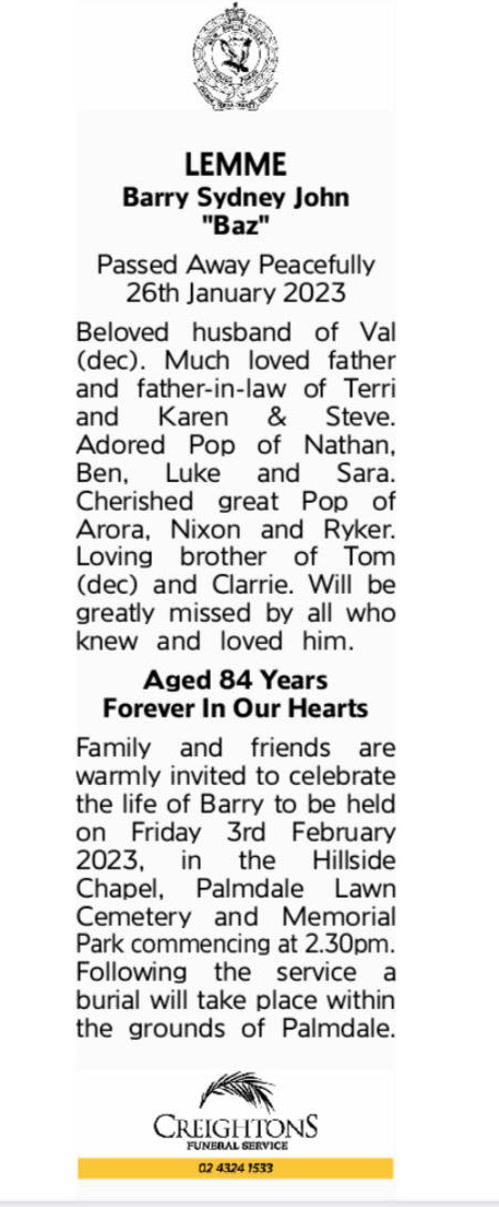 Barry Sydney John LEMME, Barry LEMME, Bazza LEMME