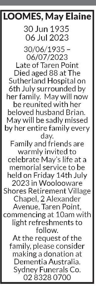 May Elaine LOOMES death notice