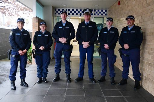 Harrison Brock HOLFORD, Harrison HOLFORD, Harry HOLFORD. NEW OFFICERS: Probationary Constables Isabella Hudson, Prudence Mottram, Harrison Holford, Superintendent Brendan Gorman, and Probationary Constables Liam Ford and Nathan Blanchard outside Orange Police Station on Tuesday. Photo: CARLA FREEDMAN