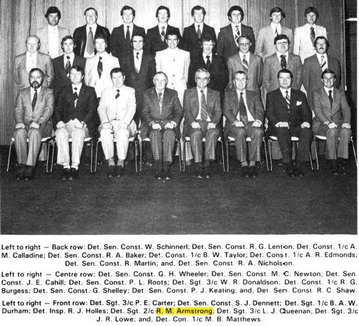 NSW Fraud Squad - c1979</p><p><strong>( L - R ) Rear</strong>: Det SenCon W. <strong>SCHINNERL</strong>, Det SenCon R.G. <strong>LENTON</strong>, Det Cst 1/c A.M. <strong>CALLADINE</strong>, Det SenCon R.A. <strong>BAKER</strong>, Det Cst 1/c B.W. <strong>TAYLOR</strong>, Det Cst 1/c A.R. <strong>EDMONDS</strong>, Det SenCon R. <strong>MARTIN</strong>, Det SenCon R.A. <strong>NICHOLSON</strong></p><p><strong>Middle</strong>: Det SenCon G.H. <strong>WHEELER</strong>, Det SenCon M.C. <strong>NEWTON</strong>, Det SenCon J.E. <strong>CAHILL</strong>, Det SenCon P.L. <strong>ROOTS</strong>, Det Sgt 3/c W.R. <strong>DONALDSON</strong>, Det Cst 1/c R.G. <strong>BURGESS</strong>, Det SenCon G. <strong>SHELLEY</strong>, Det SenCon P.J. <strong>KEATING</strong>, Det SenCon R.C. <strong>SHAW</strong></p><p><strong>Front</strong>: Det Sgt 3/c P.E. <strong>CARTER</strong>, Det SenCon S.J. <strong>DENNETT</strong>, Det Sgt 1/c B.A.W. <strong>DURHAM</strong>, Det Insp. R.J. <strong>HOLLES</strong>, Det Sgt 2/c <a href="https://police.freom.com/ronald-mark-armstrong/" target="_blank" rel="noopener">Ronald Mark ARMSTRONG</a> # 8052, Det Sgt 3/c L.J. <strong>QUEENAN</strong>, Det Sgt 3/c J.R. <strong>LOWE</strong>, Det Cst 1/c M.B. <strong>MATTHEWS</strong>